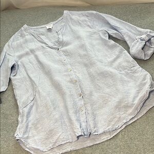 Sigrid Olsen Boho Linen Button Top Large Tunic Coastal Beach Lagenlook Roll Tab